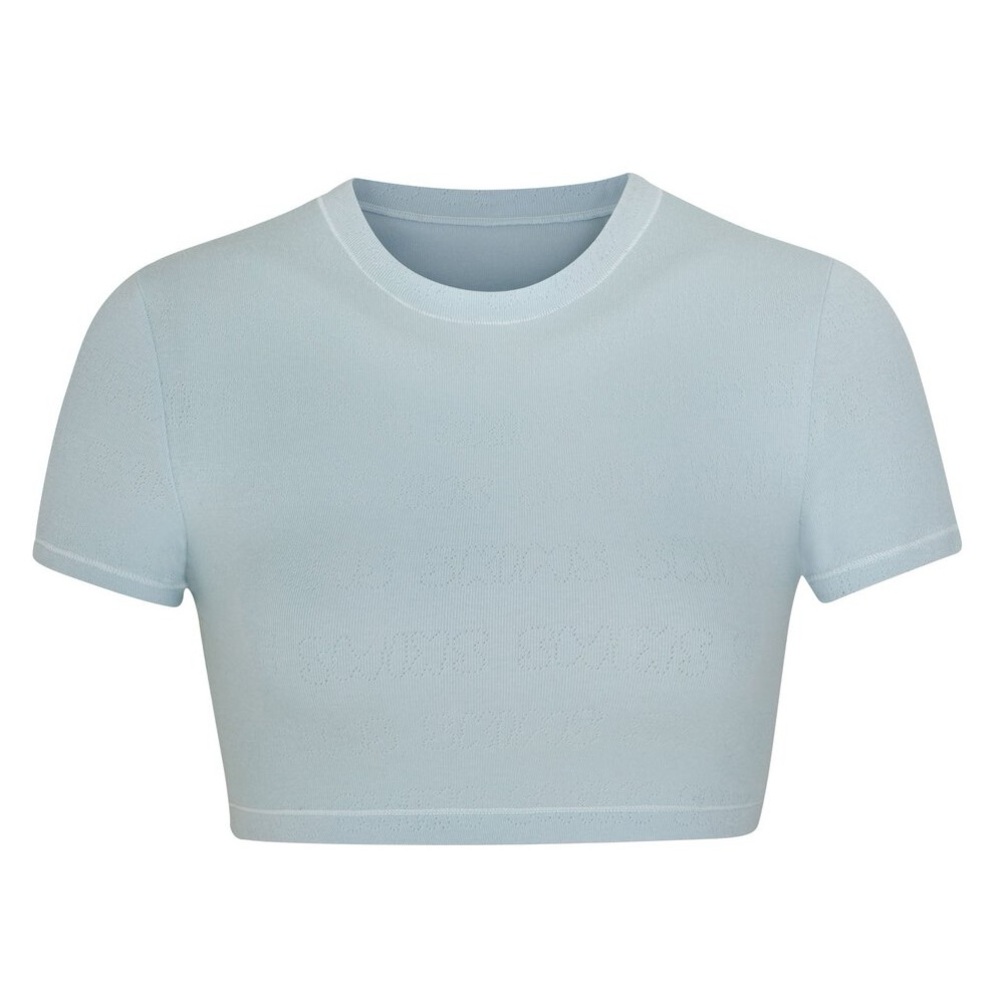Skims Lace Pointelle Cropped Tee in Sky